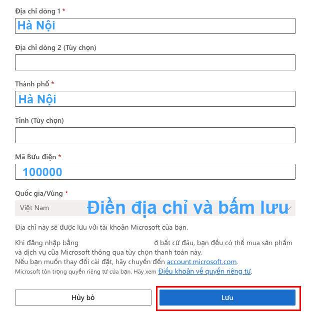 điền địa chỉ thanh toán