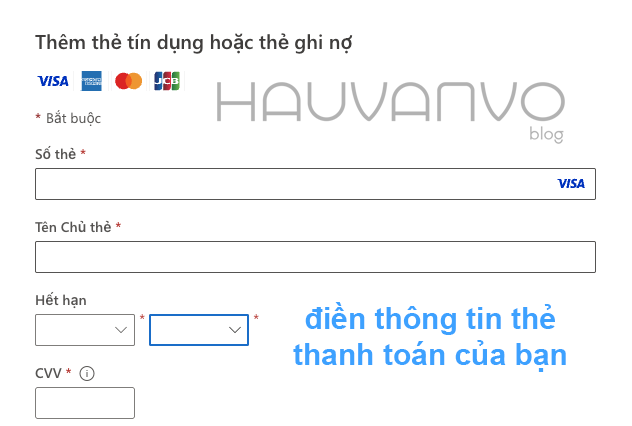 điền thông tin thẻ hanh toán