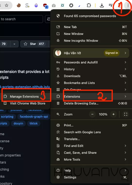 Cài đặt tiện ích Useful Stript - quản lý. extensions